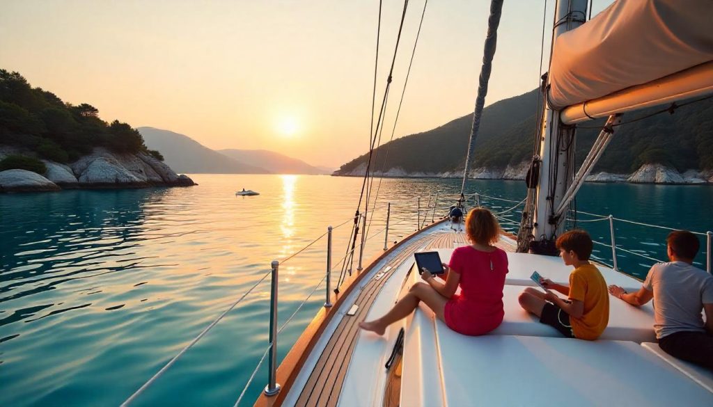 A tripulação de um iate durante as longas viagens de iate na Turquia, na baía de Bedri Rahmi, a relaxar e a verificar o tempo ao pôr do sol.